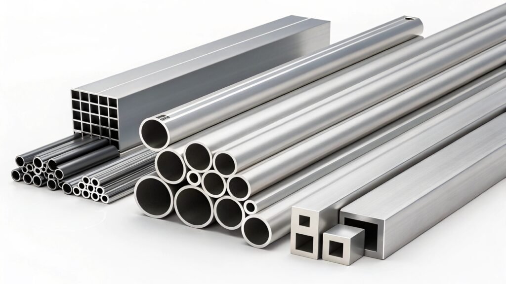 alt with keywords: various 6061 aluminum extruded profiles including tubes, bars, and complex shapes